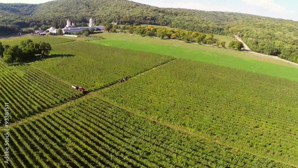 Beautiful vineyards landscape with monastery in the background, aerial view Beautiful vineyards landscape with monastery in the background, aerial view