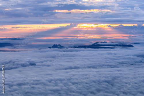 Morning mist with mountain at sunrise in Phu Kradueng national park, Loei Thailand. © Eakkaluk