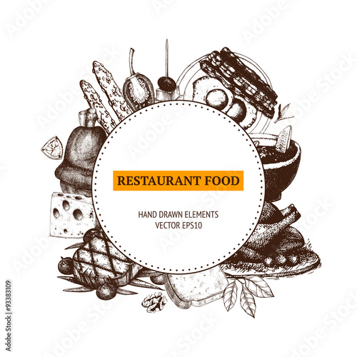 Vector menu template. Vintage food design  with sketched elements. Ink hand drawn food illustration