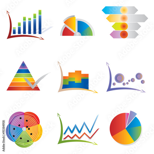 Ensemble de 9 Icones Types de Diagrammes Graphiques - Multicolore