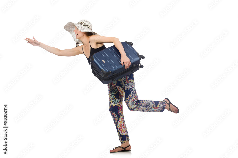 Woman ready for summer travel isolated on white Woman ready for summer travel isolated on white