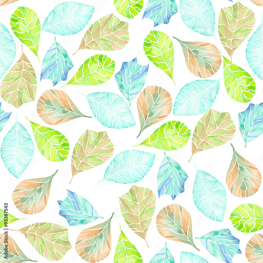Seamless tender pattern with abstract green, brown and blue leaves painted in watercolor on a white background