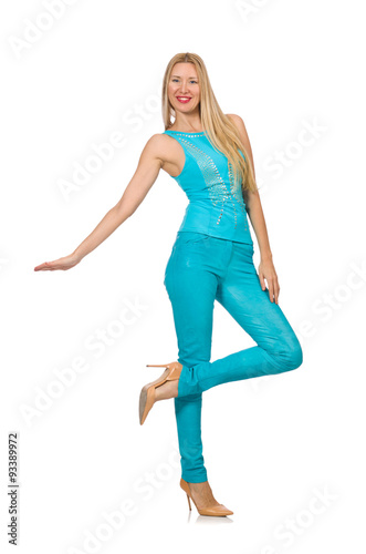 Beautiful girl in blue clothing isolated on white