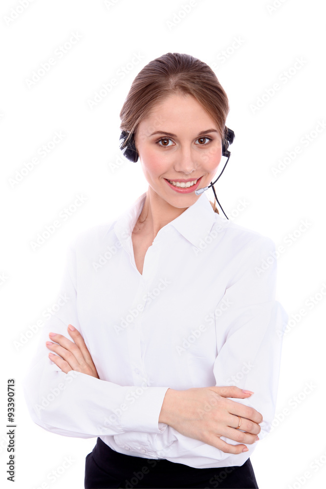 Portrait of smiling cheerful young support phone operator in headset, isolated over white background Portrait of smiling cheerful young support phone operator in headset, isolated over white background
