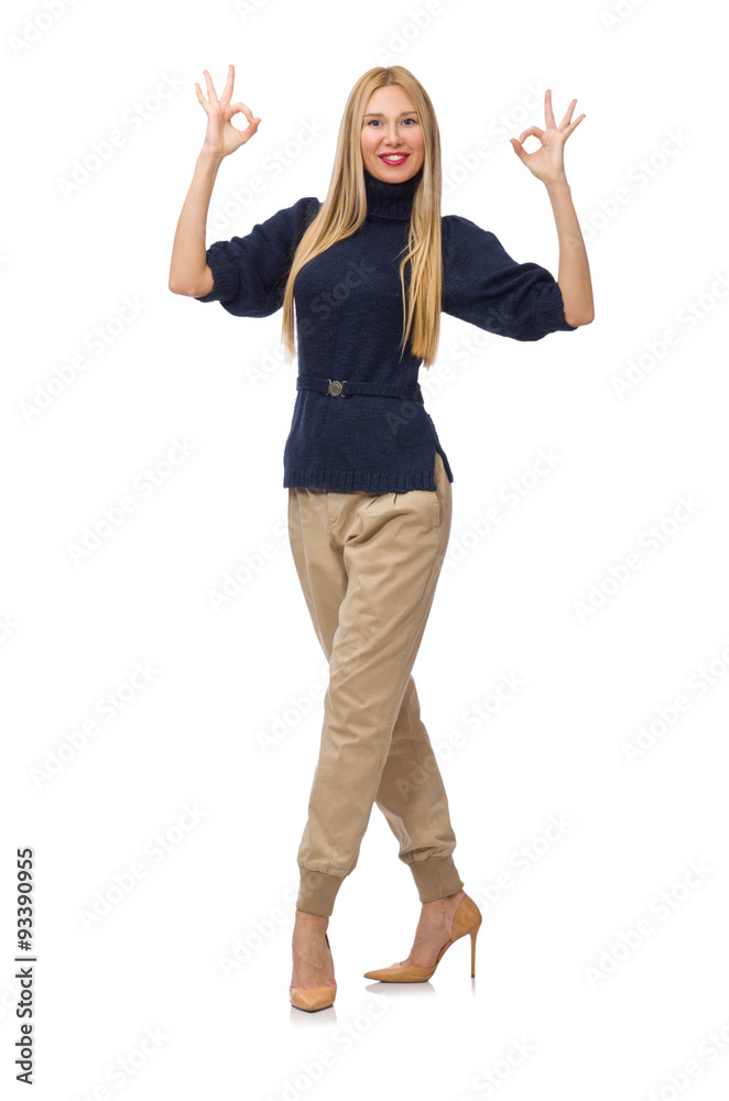 Tall woman in blue pullover isolated on white Tall woman in blue pullover isolated on white