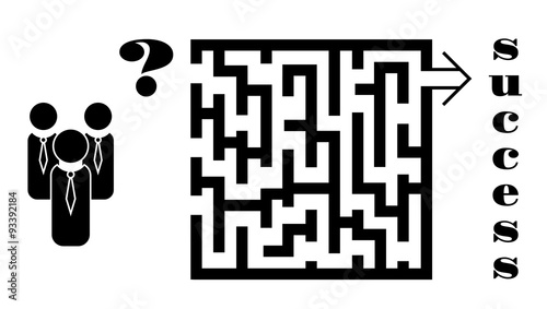 Business concept of decision making: a team of businessmen deciding which way to take in the maze to achieve success. Vector illustration Eps10 file. 