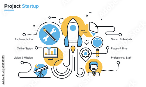 Flat line design illustration of project startup process, new products and services development from idea to implementation. Concept for web banners and printed materials, isolated on white background