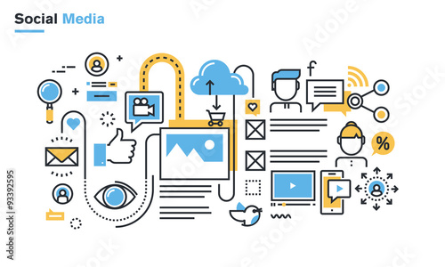 Flat line illustration of social media, social networking, video and photo sharing, communication, blogging, lifecasting, social commerce. Concept for web banners and printed materials.