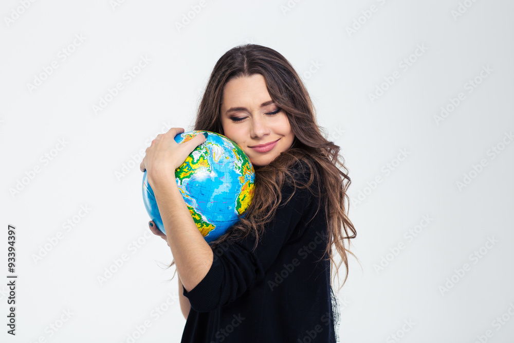 Portrait of a happy cute woman hugging globe Portrait of a happy cute woman hugging globe