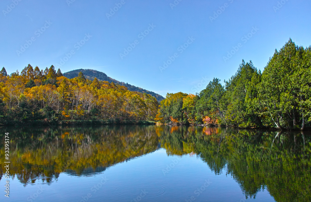 秋晴れの紅葉シーズンの志賀高原三角池