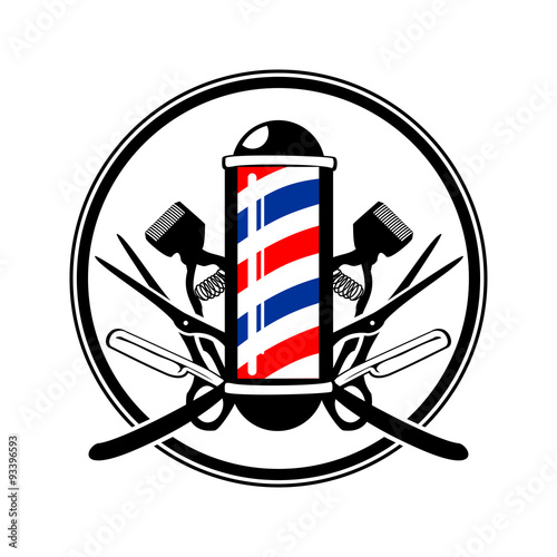 Circular Emblem Barber's Pole with Scissor, Razor & Old Clippers