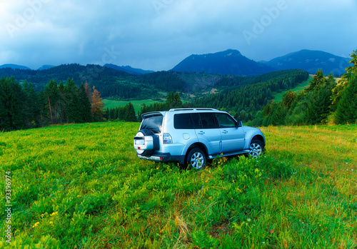 car in landscape with  mountain and yellow, green meadows © jozefklopacka
