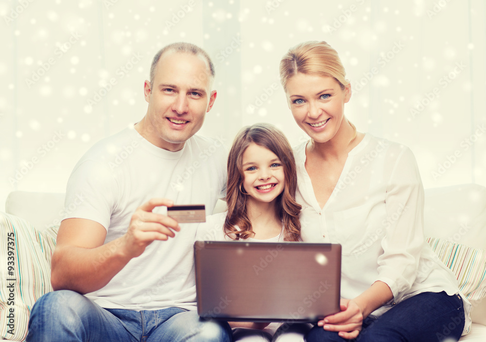 happy family with laptop computer and credit card happy family with laptop computer and credit card