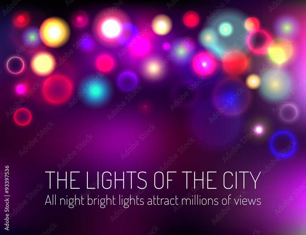 Colorful abstract bokeh background. Blurry unfocused texture with bright lights. Vector illustration.