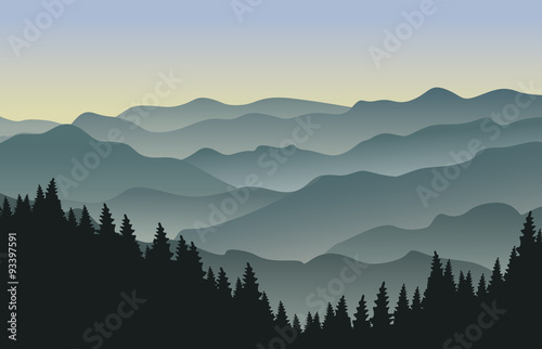 The morning at foggy mountains. Vector illustration.