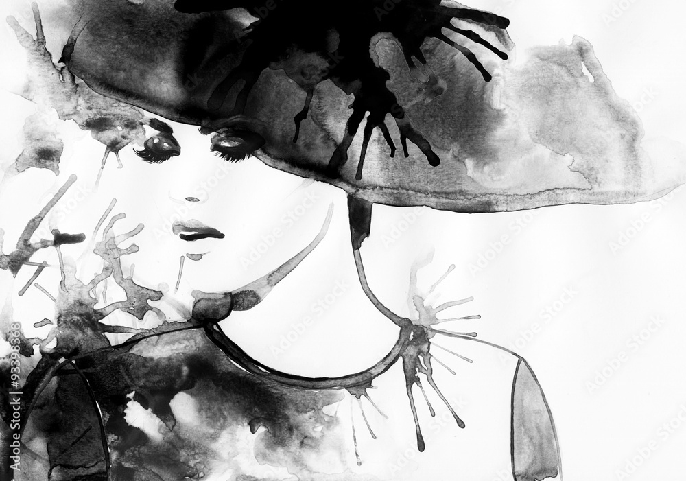 Beautiful face. woman portrait with hat. abstract watercolor .fashion background - obrazy, fototapety, plakaty 