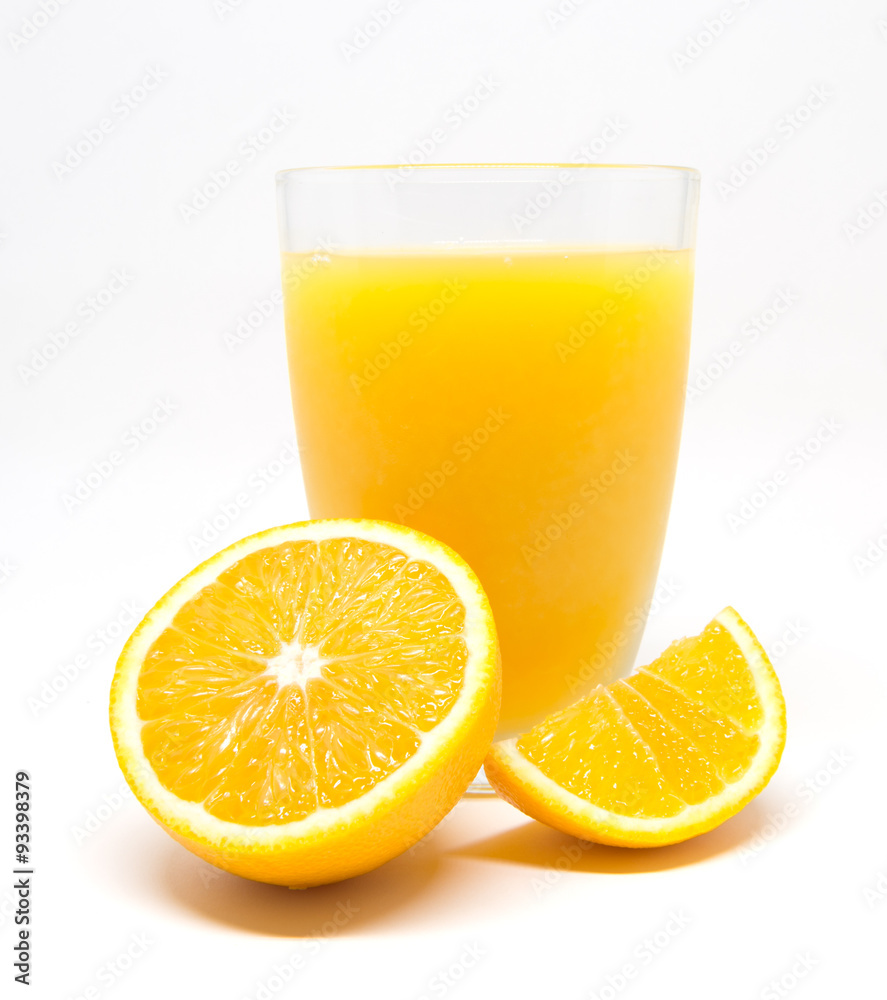 Orange juice and slices of orange isolated on white background