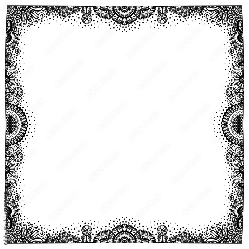 Vector floral frame. Hand drawn doodle border with ornament - flower, spiral, leaf and dots.