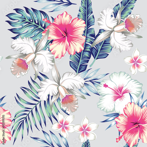 hibiscus and orchids tropical seamless background