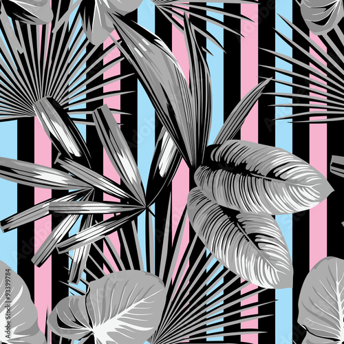 tropical  palm leaves pattern, striped background