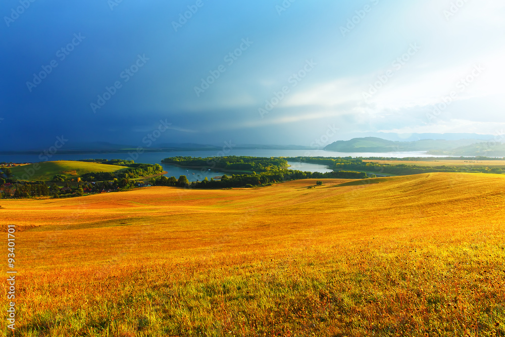 Obraz premium Beautiful landscape, yellow meadow and lake with mountains