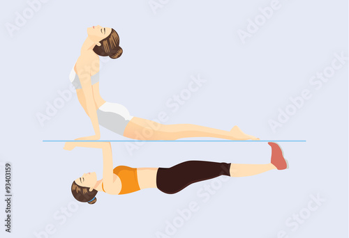 Similar exercises posture of Yoga and Pilates. Refers to the differences and similarities at the same time. This illustration about health care concept with workout.