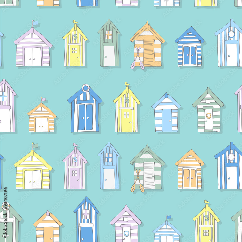 Hand Drawn Beach Huts in a Seamless Pattern
