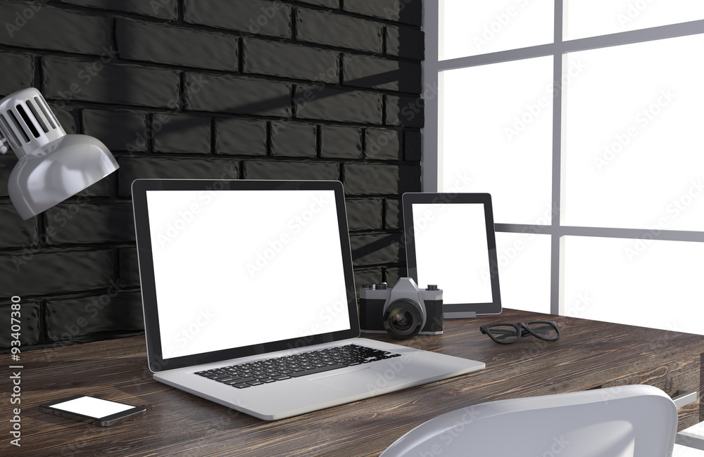 Fototapeta premium 3D illustration laptop and work stuff on table near brick wall