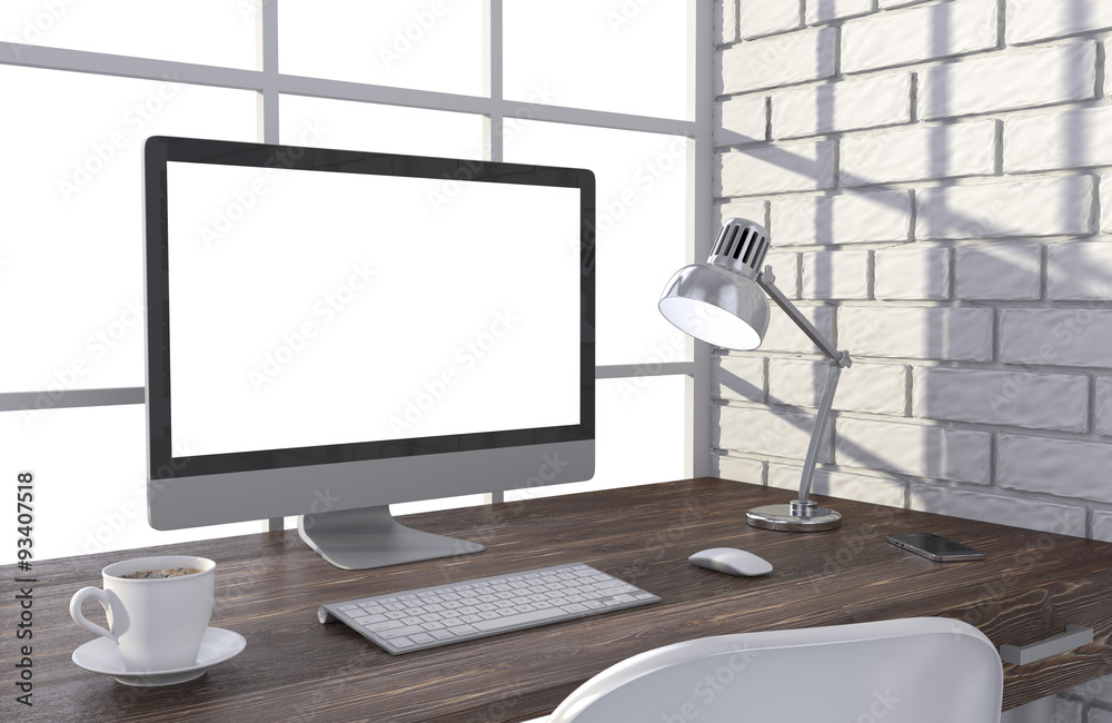 Fototapeta premium 3D illustration PC screen on table in office, Workspace