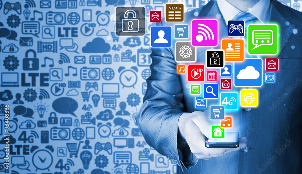 Business man using smart phone with social media icon set Business man using smart phone with social media icon set