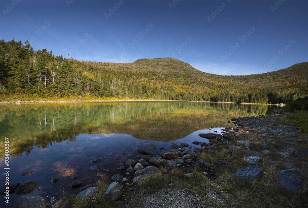 Mountain reflections in calm water of East Pond, White Mountains