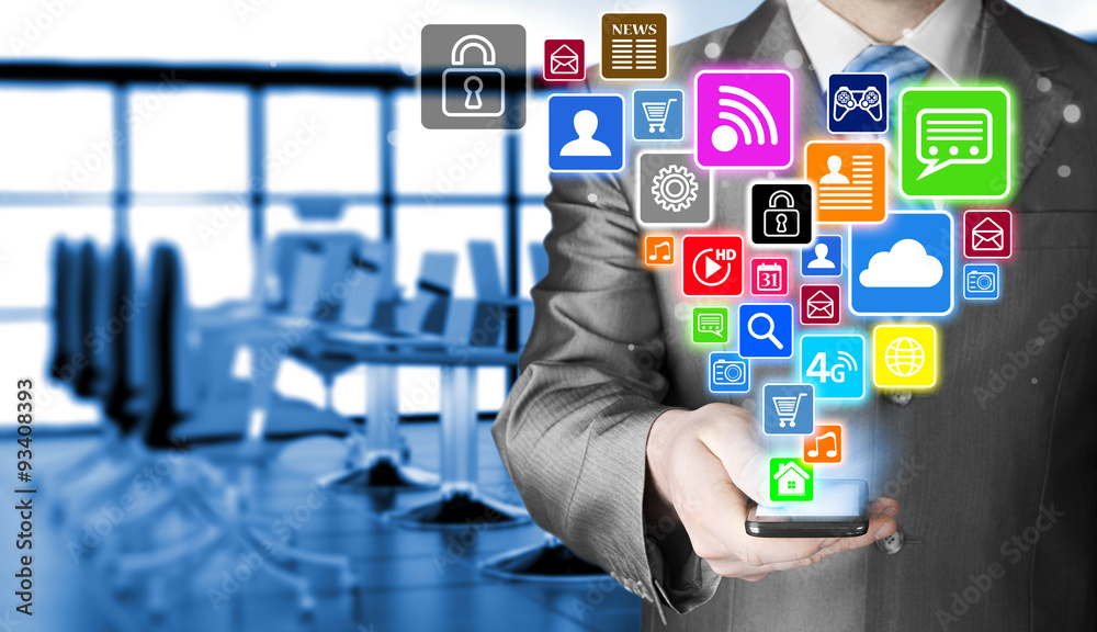 Business man using smart phone with social media icon set Business man using smart phone with social media icon set