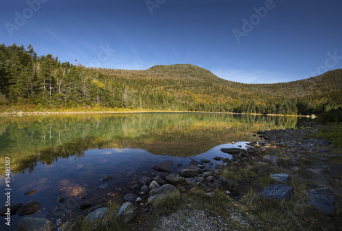 Mountain reflections in calm water of East Pond, White Mountains