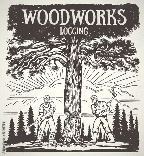 Two of the lumberjack chopped the tree with axes.