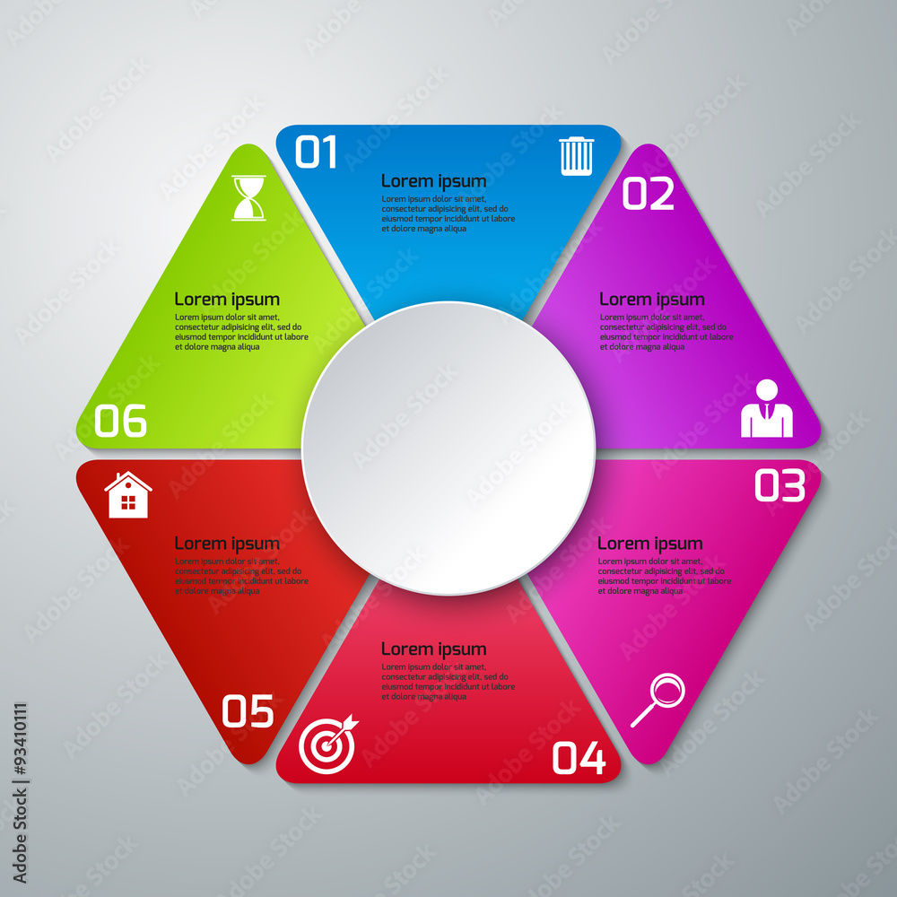 Vector illustration infographics triangles, six options. Vector illustration infographics triangles, six options.