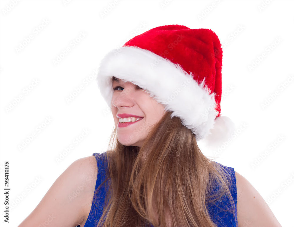 pretty woman in red santa claus hat laughing isolated pretty woman in red santa claus hat laughing isolated