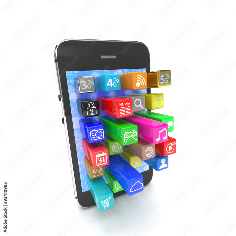 application software icons extruding from smartphone, isolated application software icons extruding from smartphone, isolated
