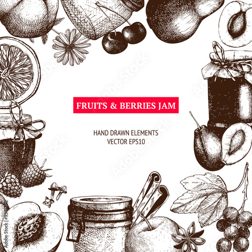 Vector design with ink hand drawn jam jars with fruits and berries. Vintage mason or canning jars with fruits and berry jam sketch isolated on white.