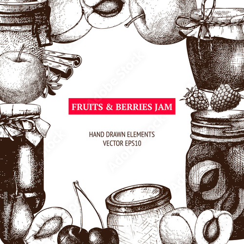 Vector design with ink hand drawn jam jars with fruits and berries. Vintage decorative glass mason or canning jars with fruits and berry jam sketch isolated on white.