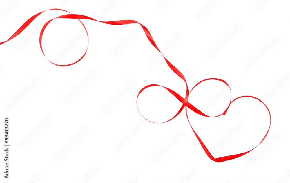 Red ribbon in shape of heart isolated on white