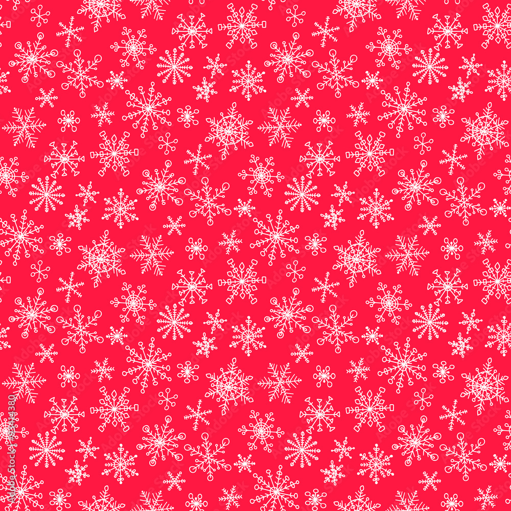 Seamless pattern with hand drawn doodle snowflake. Vector winter pattern. Red snowflakes on violet background. Seamless pattern with hand drawn doodle snowflake. Vector winter pattern. Red snowflakes on violet background.