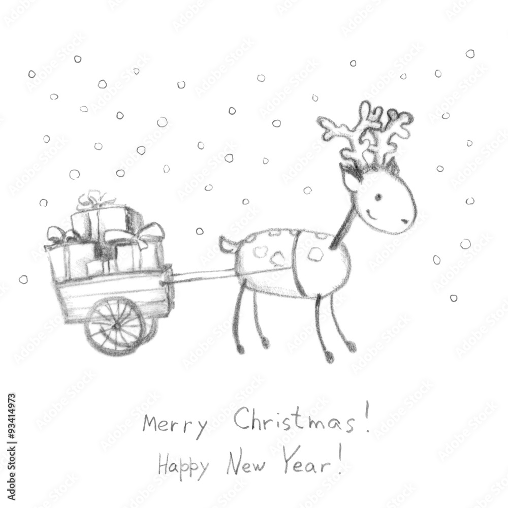 Naklejka premium Deer and sledge with presents - greeting card, pencil
