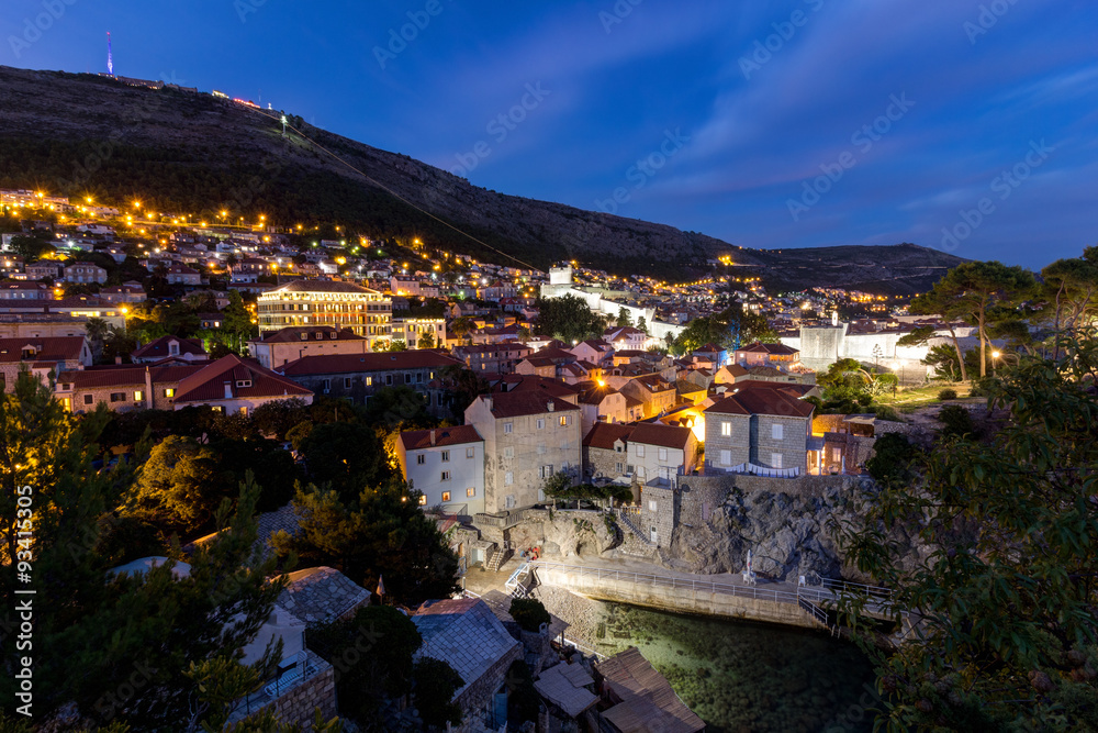 View of Mount Srd and the city of Dubrovnik in Croatia at dusk.