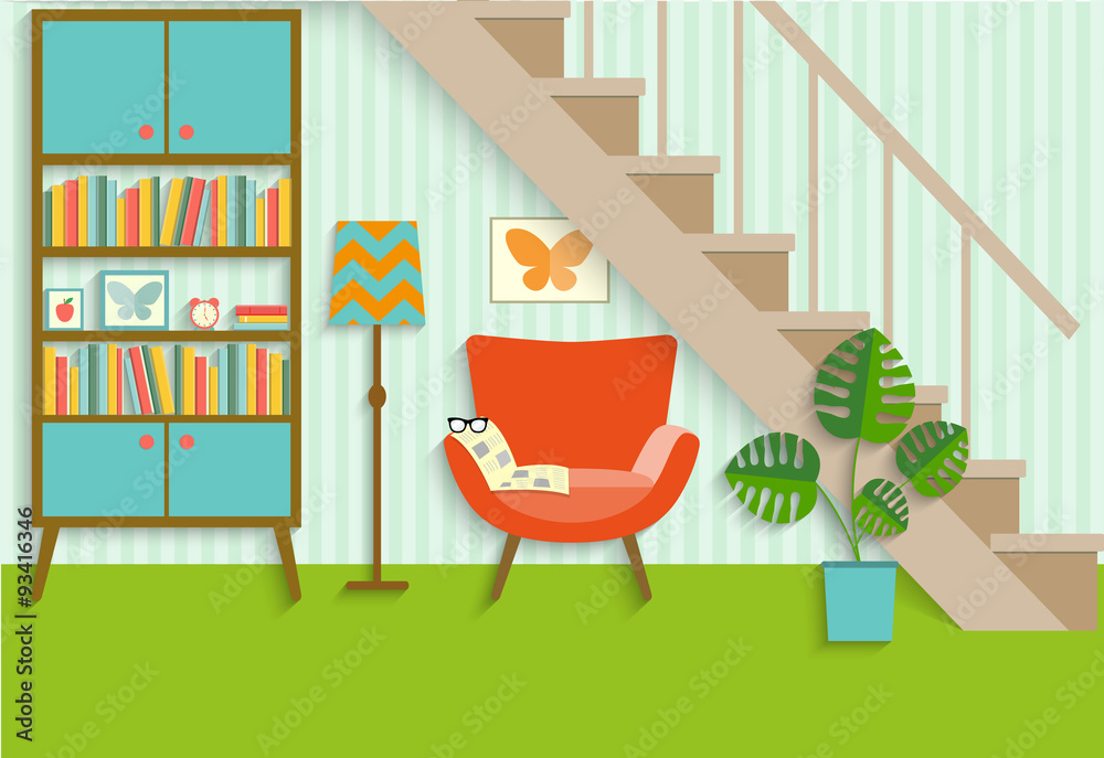 flat retro interior living room with bookcase,chair, newspaper.place to relax under the stairs. vector illustration