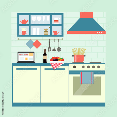 flat kitchen, cooking italian pasta. vector illustration