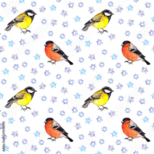 Seasonal seamless texture with birds in snow