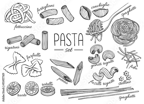 Fototapeta Vector hand drawn pasta set. Vintage line art illustration