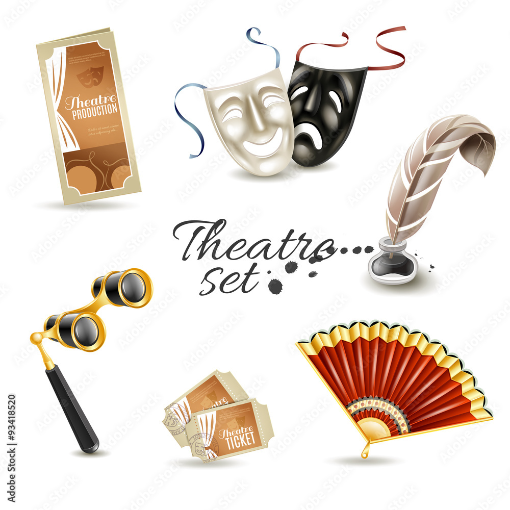 Theater attributes flat pictograms set