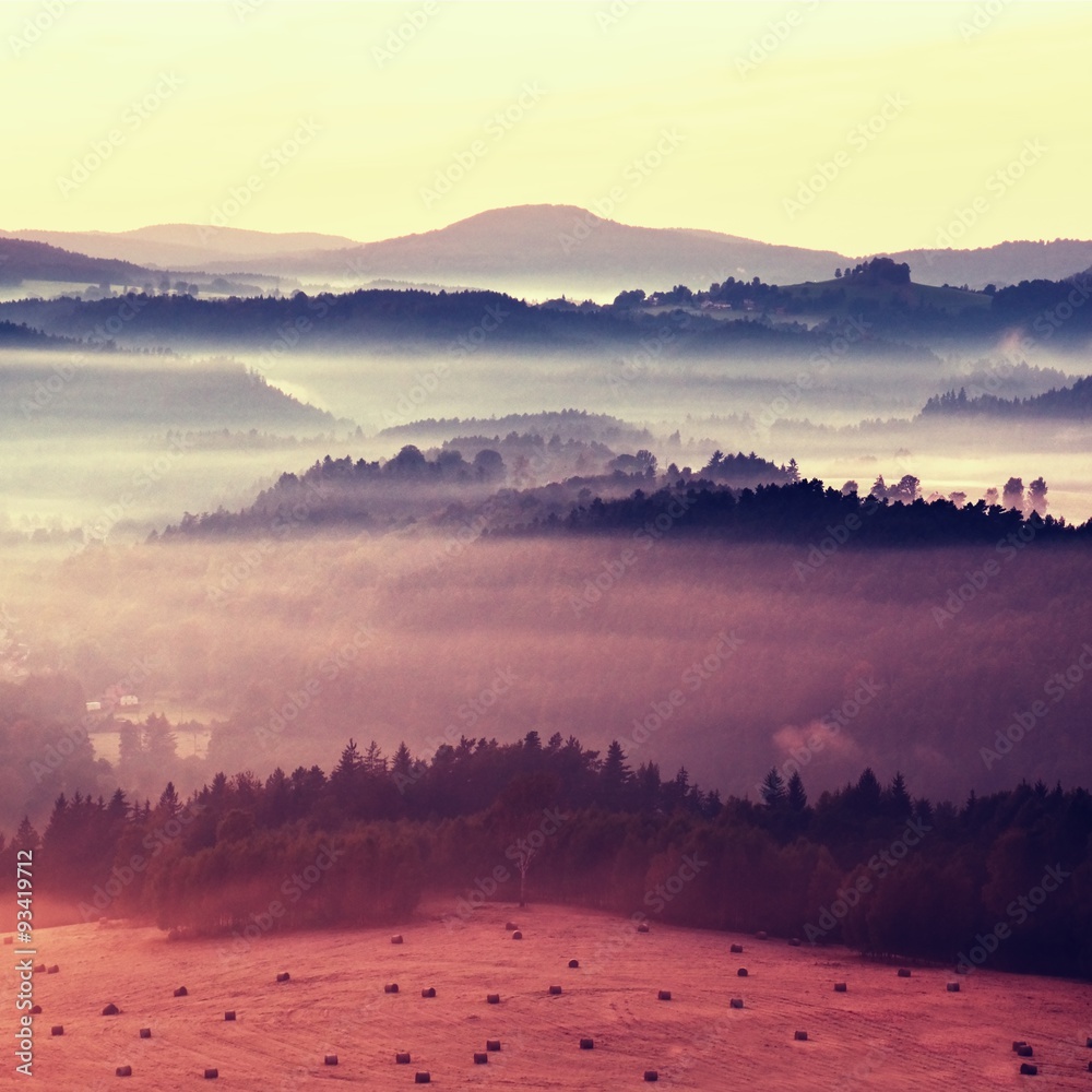 Fototapeta premium Colorful freeze fall. Misty autumn mountain hills landscape. Filtered image with cross processed vivid effect.