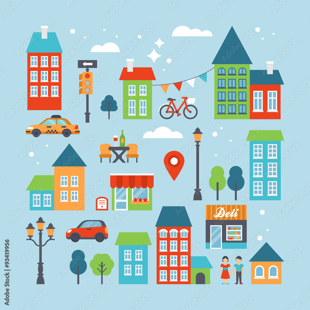 City and town flat icons set for infographic template design. Ve City and town flat icons set for infographic template design. Ve